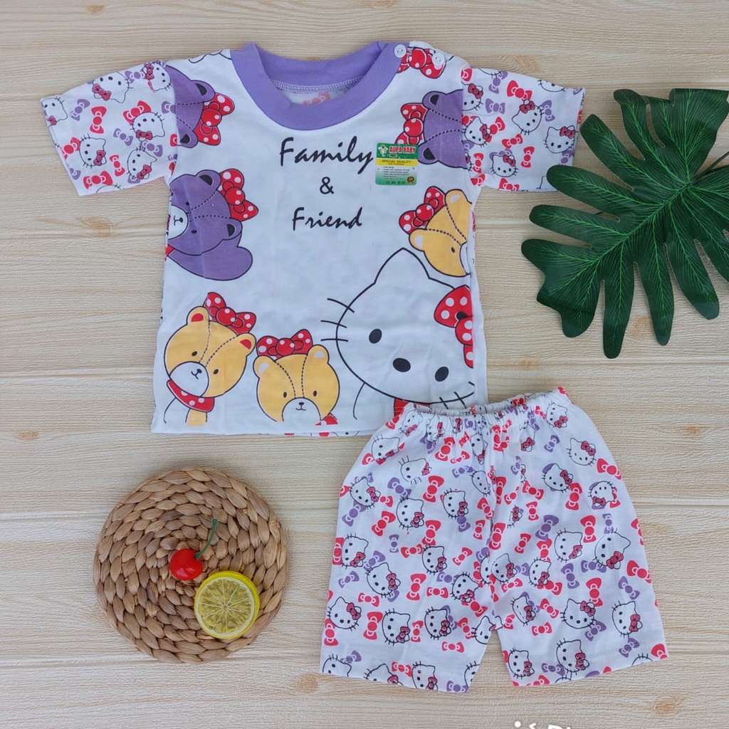Setelan Piyama Premium Lengan Pendek Motif Kity baju bayi anak usia 3-12 bulan kancing