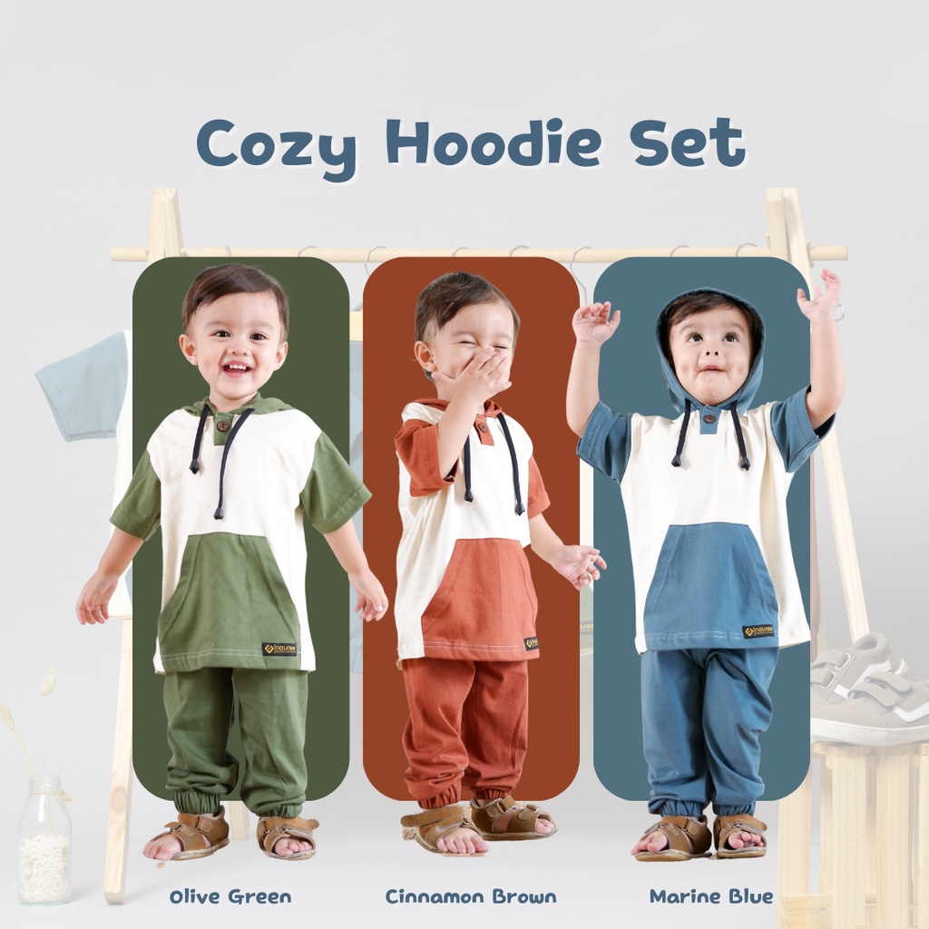 Nauree - Setelan Hoodie Cozy Baju Anak Laki Laki Unisex Cowok Cewek Umur 1 2 3 4 5 6 Tahun Bahan Import Korea Kaos Pendek Celana Panjang 3in1 Sweater Jogget Set Style