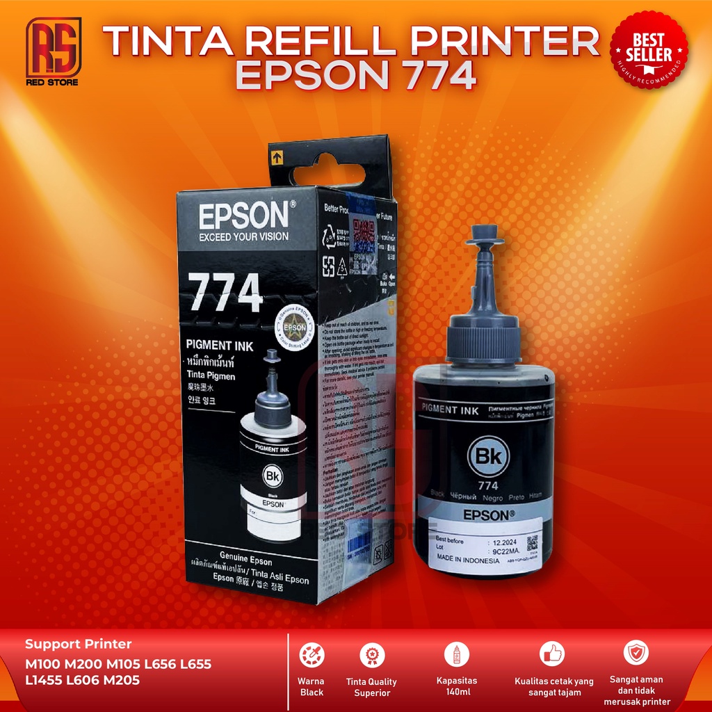 Tinta Epson 774 Black For Printer  M100 M200 M105 L656 L655 L1455 L606 M205 Kemasan Baru