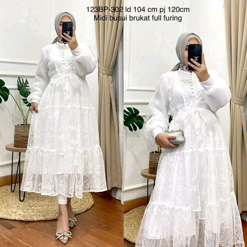 midi dress brukat pesta lebaran putih
