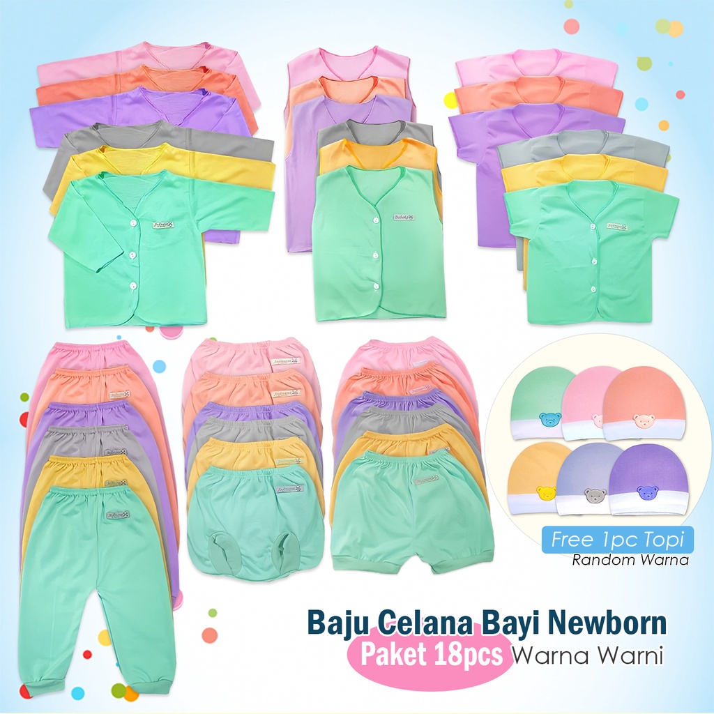 Paket Premium Baju Celana Andreatex Bayi Newborn 18pcs Warna Warni Free Topi Random Warna