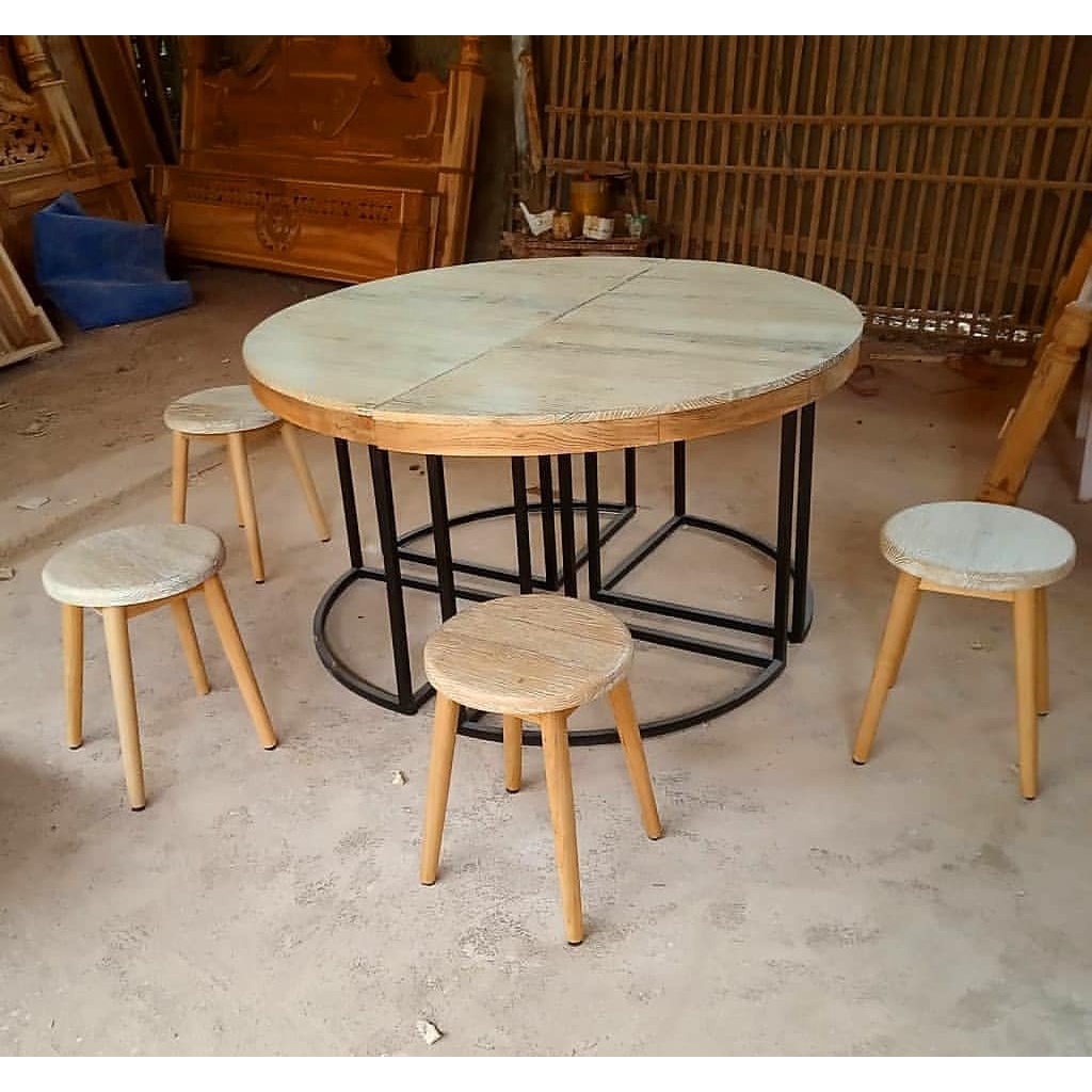 Meja Cafe Top Kayu Jati Kaki Besi Meja Bulat Potong