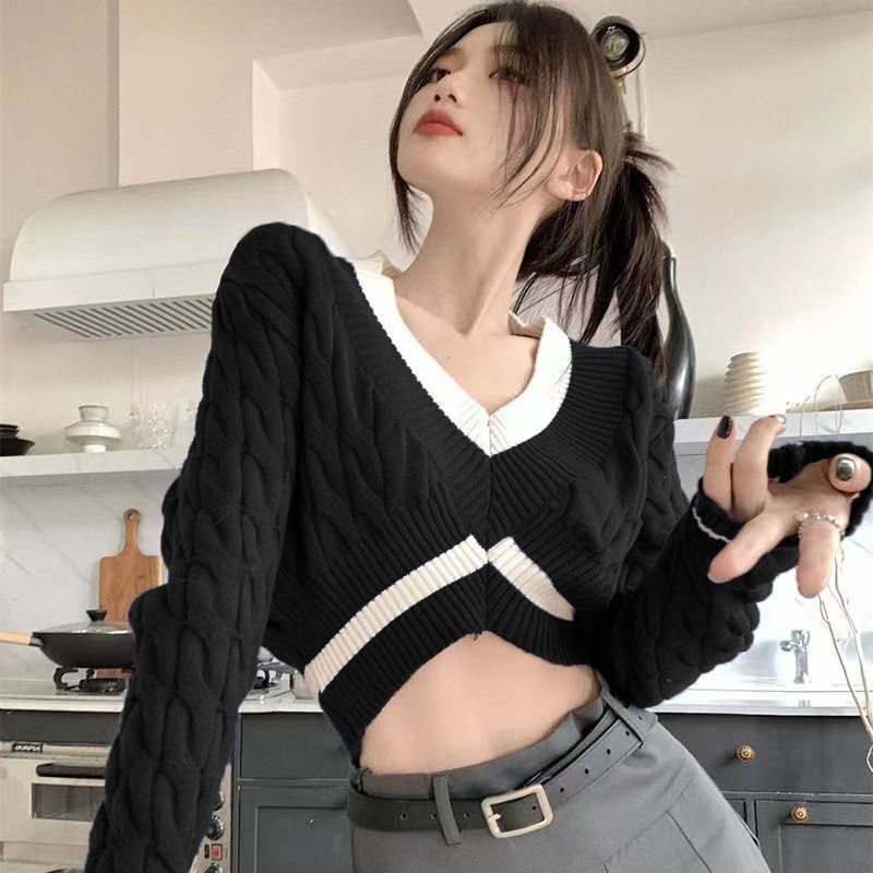 V-neck paragraf pendek sweater rajutan longgar sweater rajutan wanita orang kecil musim gugur dan mu