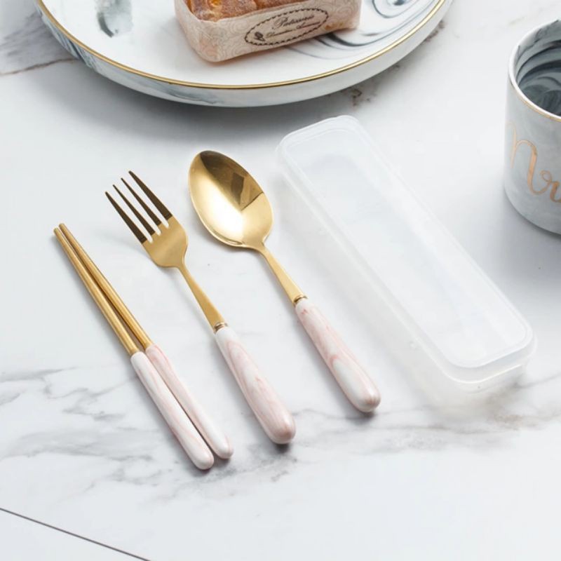 &lt; M.A &gt; Set Sendok Garpu Sumpit Marble Korea Gold Set Alat Makan Travel