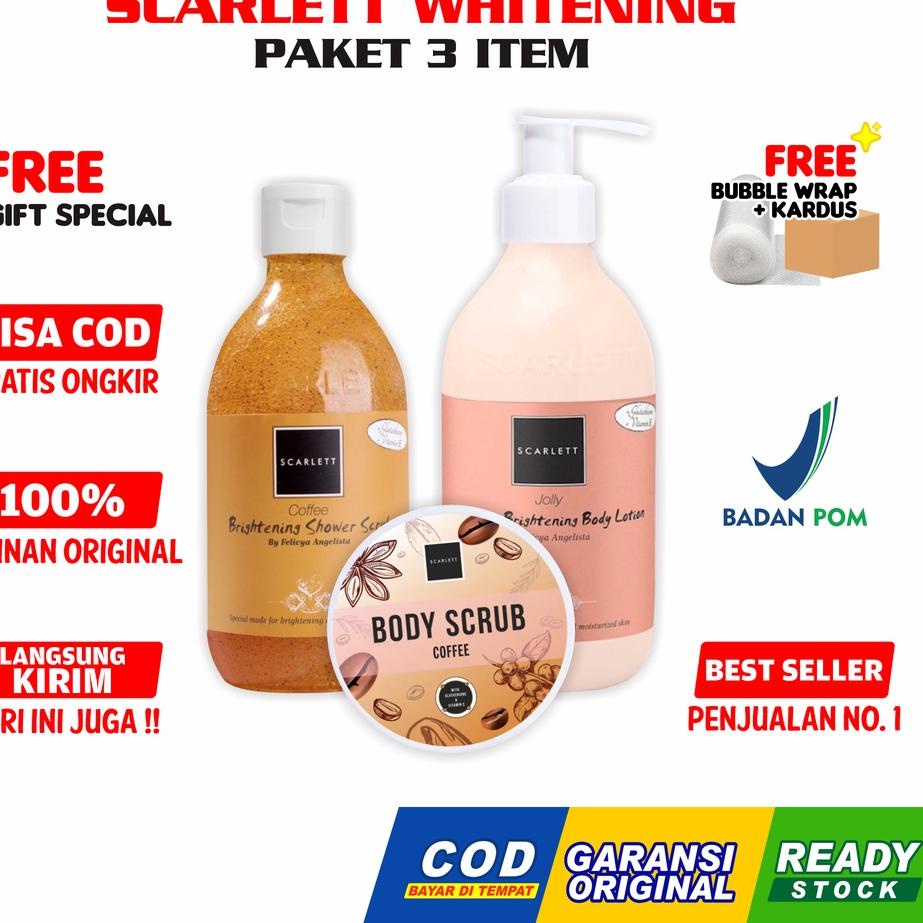 Real produk Scarlett Whitening Paket 3 Item [COD] Official Body Lotion Scrub Lulur Original Felicya 