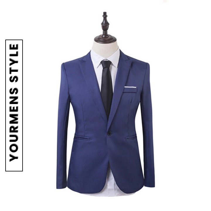 Blazer Pria Warna Navy List Putih Kancing 1 Model Slimfit Full Furing Exclusine Nikayu - Blazer Slimfit Cowok Warna Navy