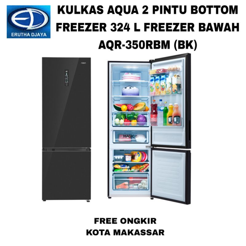 kulkas aqua 2 pintu bottom freezer 324 l freezer bawah aqr350rbm bk