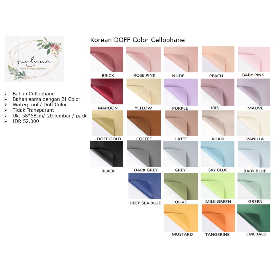 

Luluna / Kertas Bunga / 20 LEMBAR Korean DOFF Color Cellophane/kertas bunga/wrapping paper/kertas kado/buket bunga MURAH