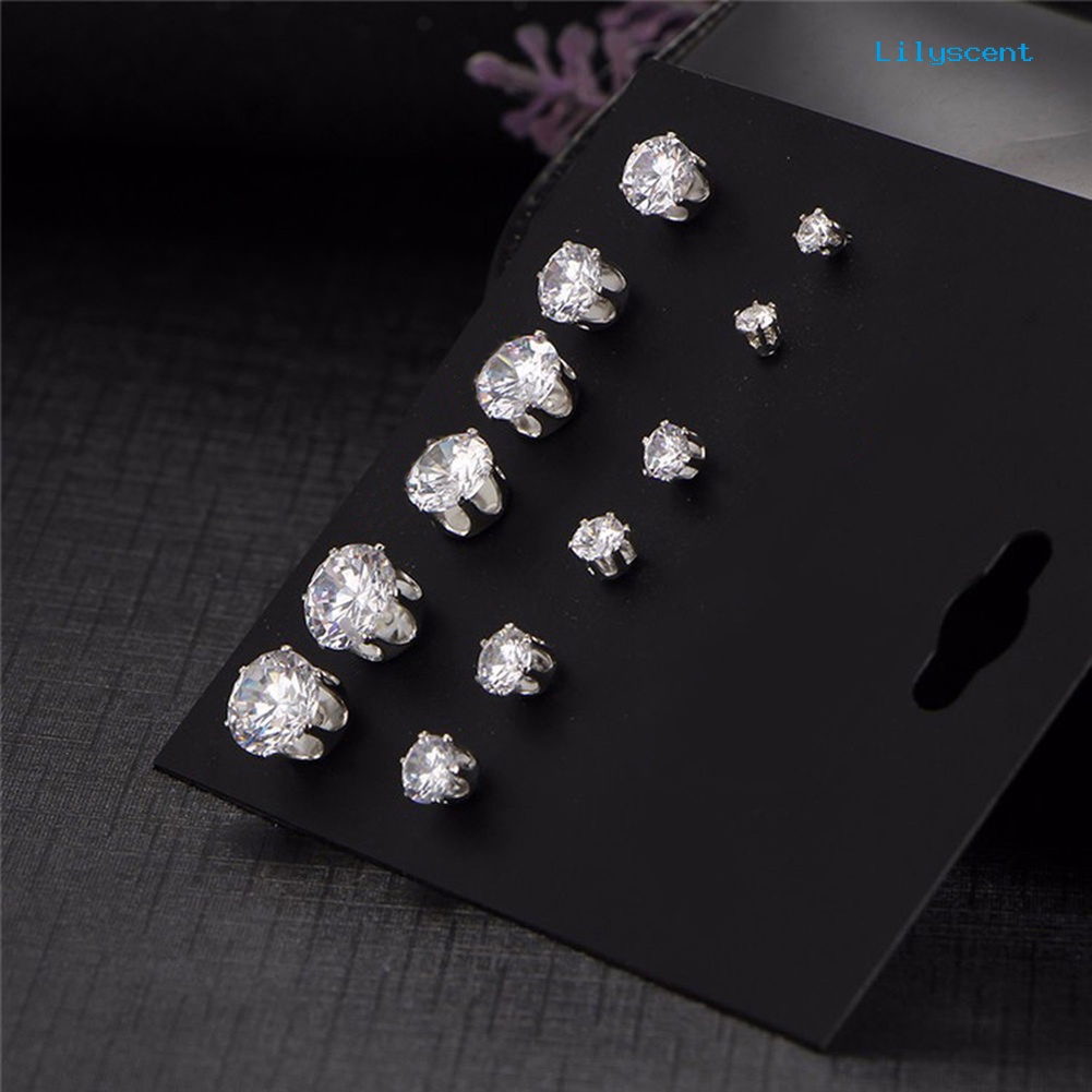 [LS] 6pasang Perhiasan Wanita Bulat Cubic Zirconia CZ Crown Ear Stud Earrings Hadiah Xmas