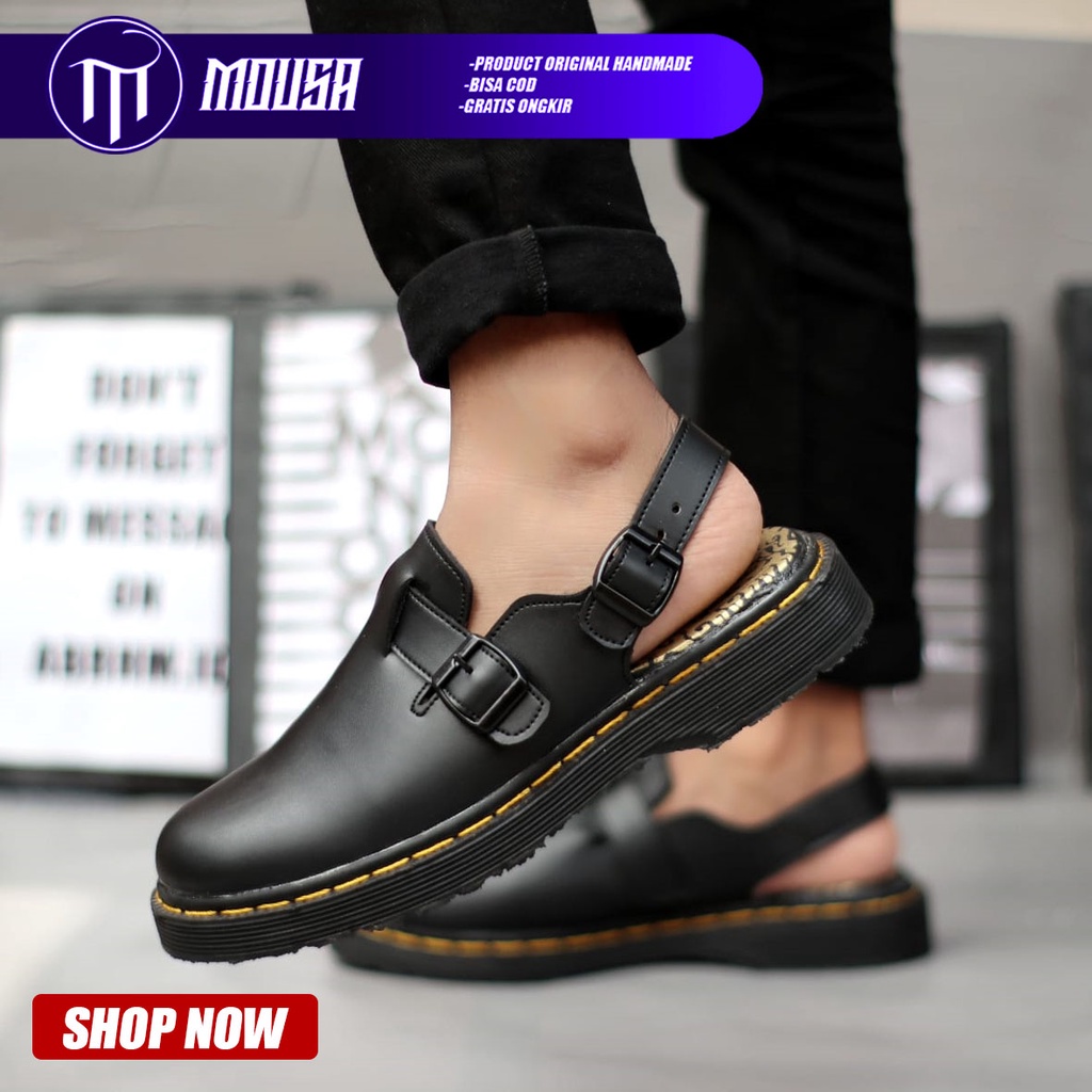 Sandal Docmart Pria Hitam Kulit Pu Nyaman Santai Mousa Yve