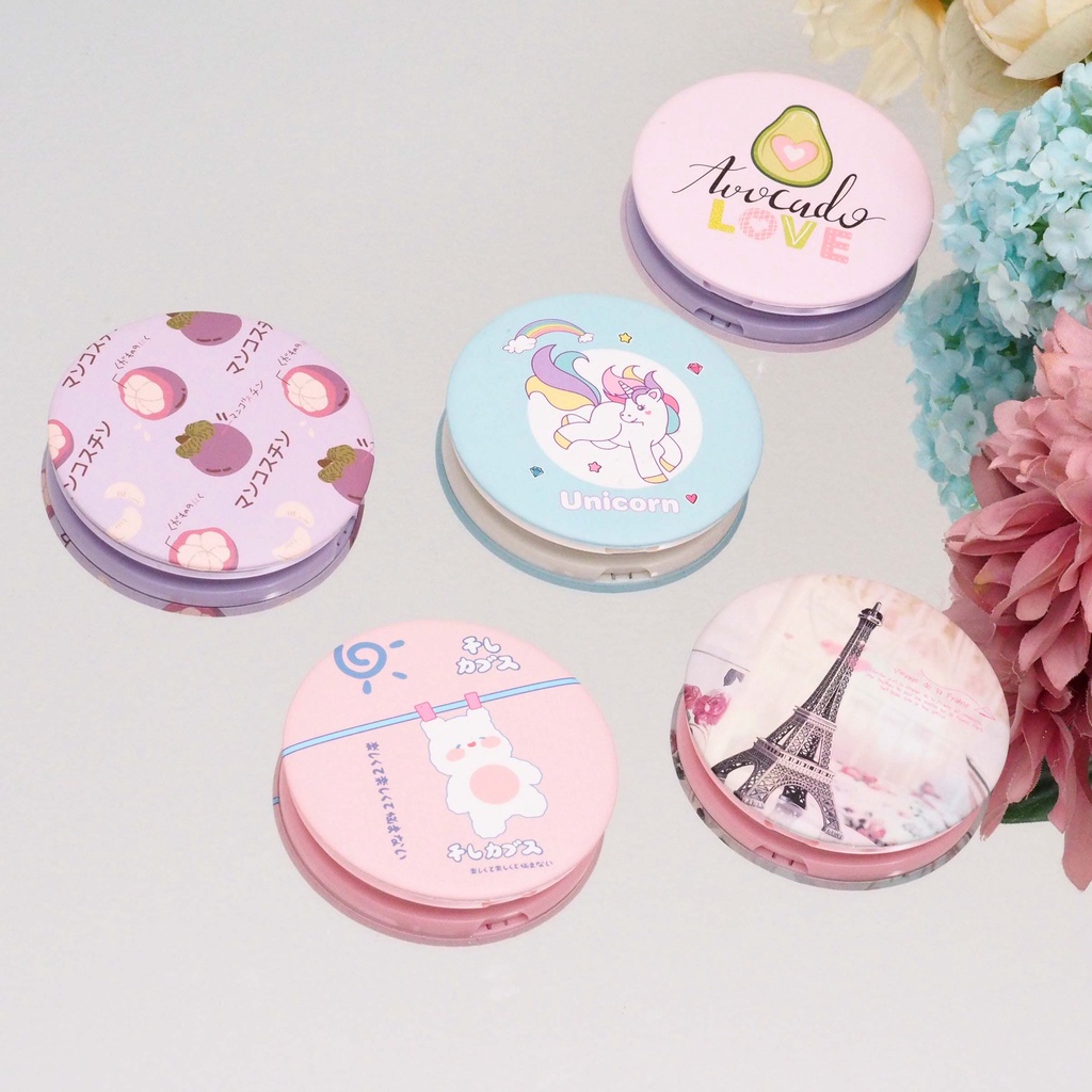 Cermin Lipat Saku Portable Korea Bulat Motif Banyak Kaca Lipat 2 Sisi Kecil Mini Makeup Rias Aesthetic
