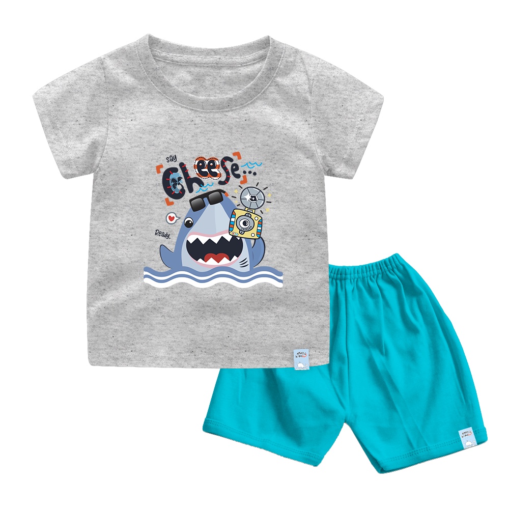 Naked &amp; Free Setelan Bayi &amp; Anak Gambar Shark Say Cheese - Bahan Katun Premium