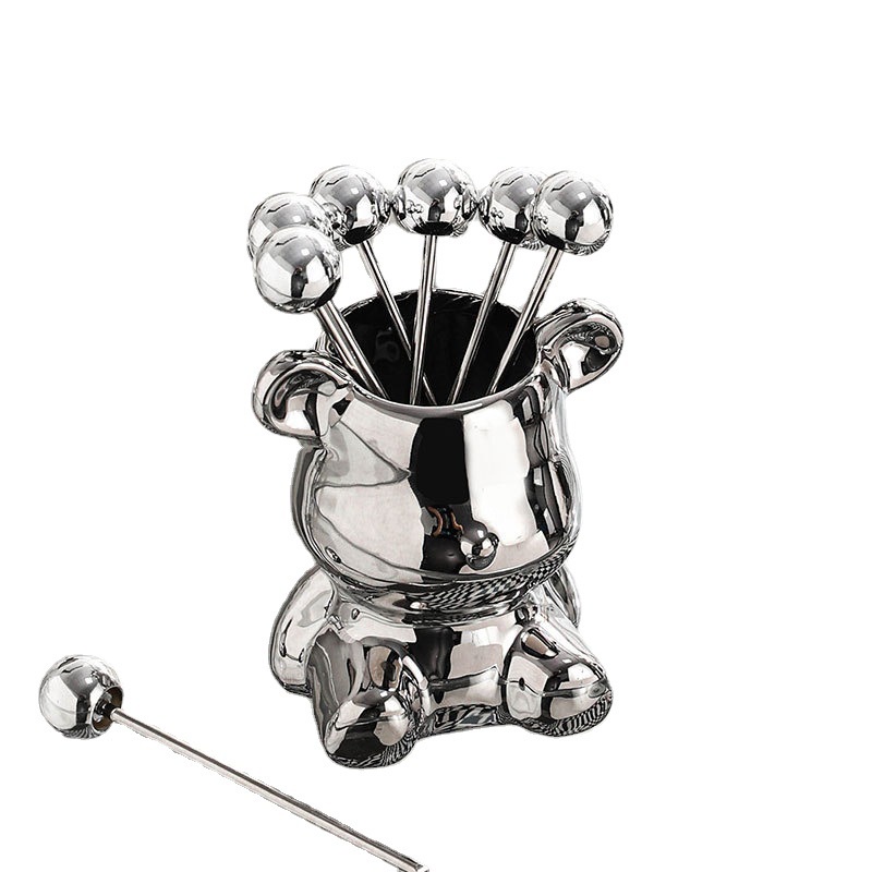 Mi.more Fruit Dessert Fork Keramik Holder Set (1Pc Holder+6Pcs Fork)/ Garpu Buah Stainless Steel