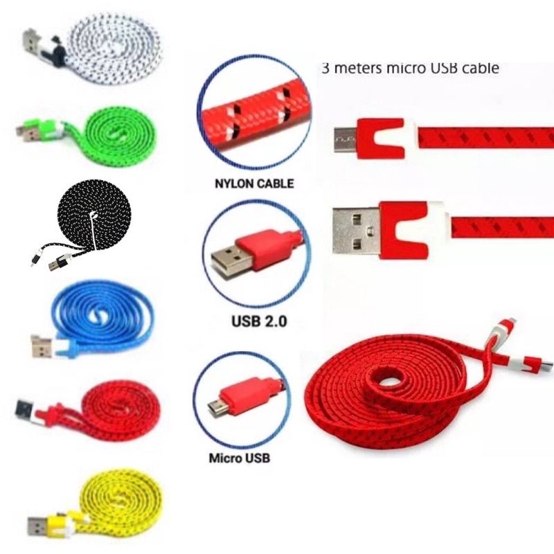 Kabel Data 3 Meter Tali Sepatu 3M Gepeng Micro USB Charger kwualitas bagus