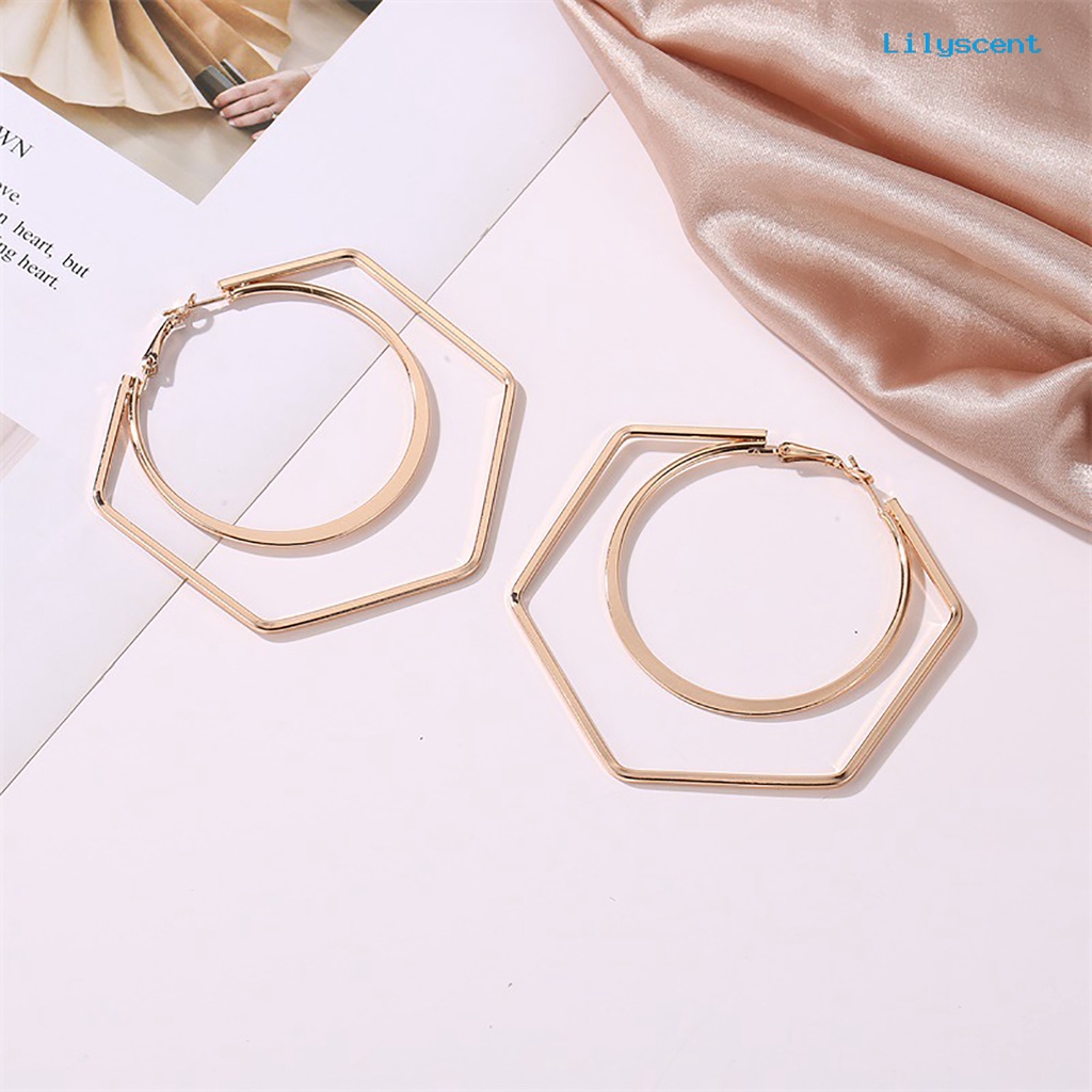 [LS] 1pasang Unik Wanita Berlebihan Geometri Putaran Besar Hexagon Drop Earring Perhiasan Aksesori Untuk Belanja