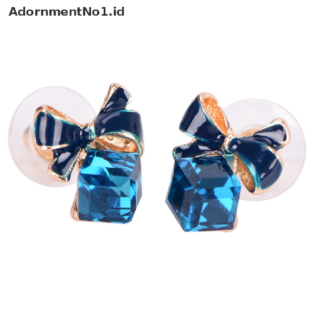 [AdornmentNo1] Biru Kristal Berlian Imitasi Enamel Bow Ear Stud Bowknot Earrings Hadiah Wanita Perhiasan [ID]