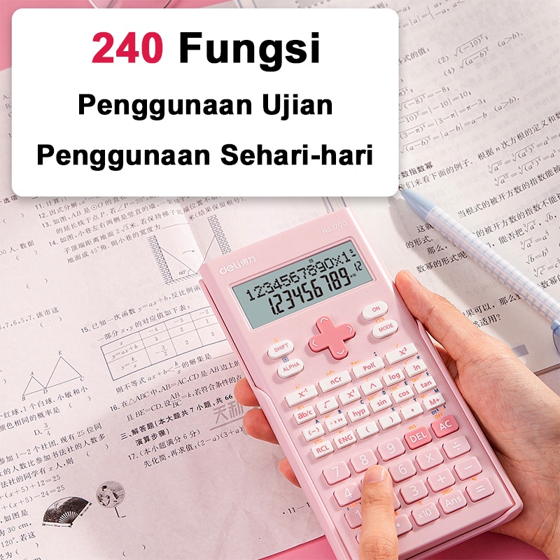 Deli Kalkulator Scientific 240 Fungsi Kalkulator Ilmiah Mini Lucu 12 Digit Tampilan LCD 2 Baris Scientific Calculator