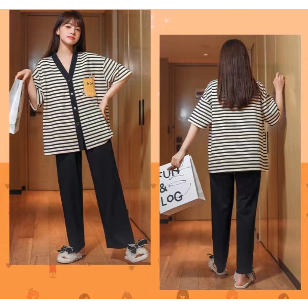 Cp piyama baju tidur lengan pendek celana panjang bahan kaos katun import