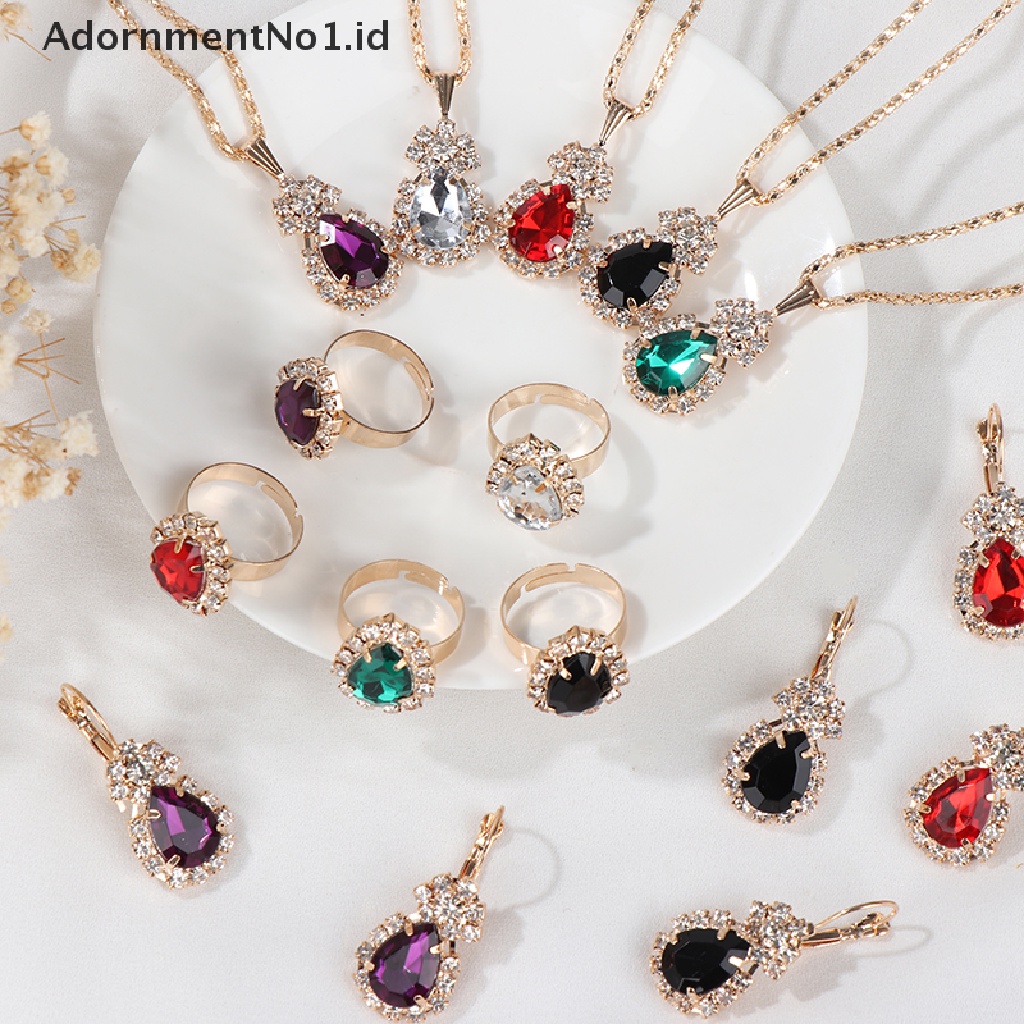 [AdornmentNo1] Fashion Eropa Amerika Perhiasan Liontin Anting Cincin Set Pengantin Dekorasi Hadiah Tetesan Air Berlian Kalung Anting Rings Set [ID]