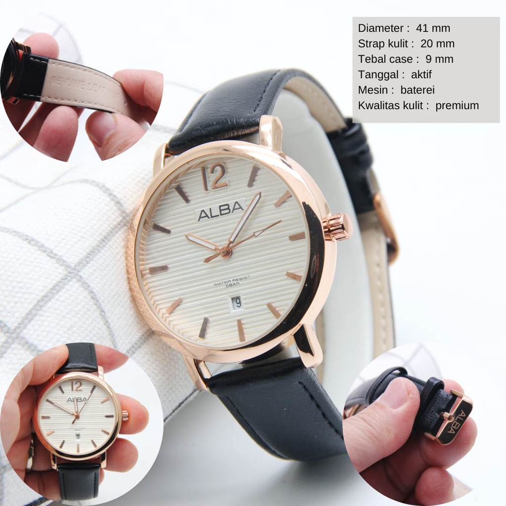 {COD✔️} PREMIUM Jam Tangan Simple Unisex ALBA Strap Kulit - Tanggal Aktif - jam tangan cewek cowok f