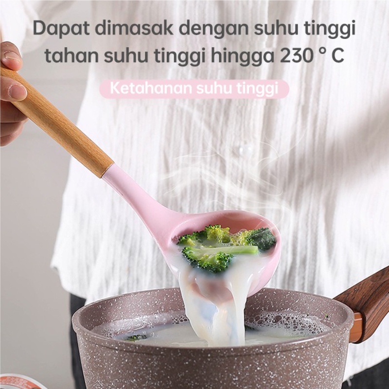 Spatula Silikon Set Gagang Kayu Tahan Panas Alat Masak Tempat Silicon Unikdekorasi