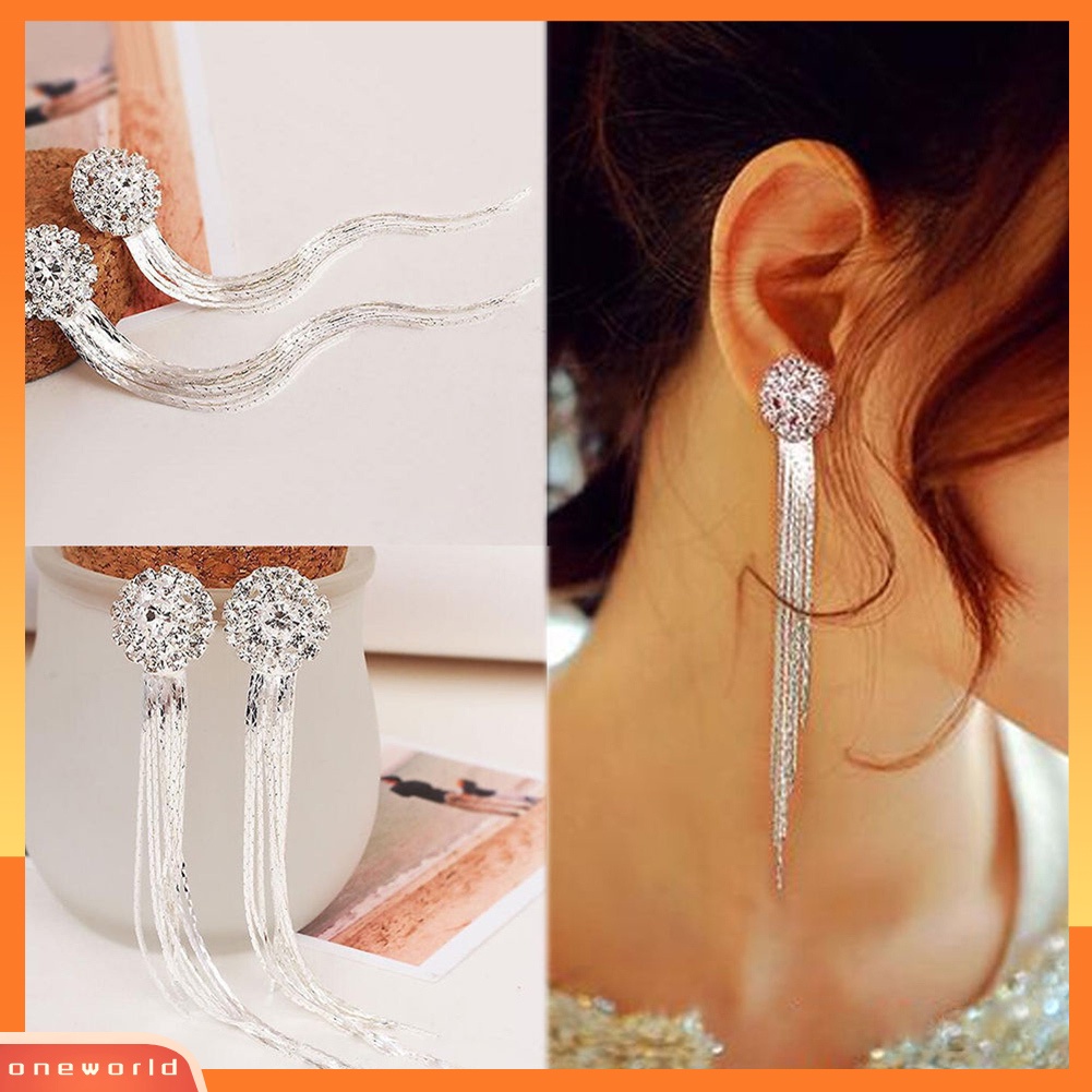 {oneworld} Wanita Berlian Imitasi Mengkilap Panjang Rumbai Menjuntai Stud Earrings Fashion Pengantin Perhiasan