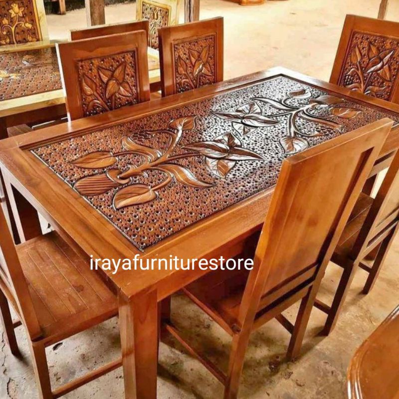 Meja Makan Kayu Jati 6 Kursi Plus Kaca / Kursi Makan Minimalis Murah