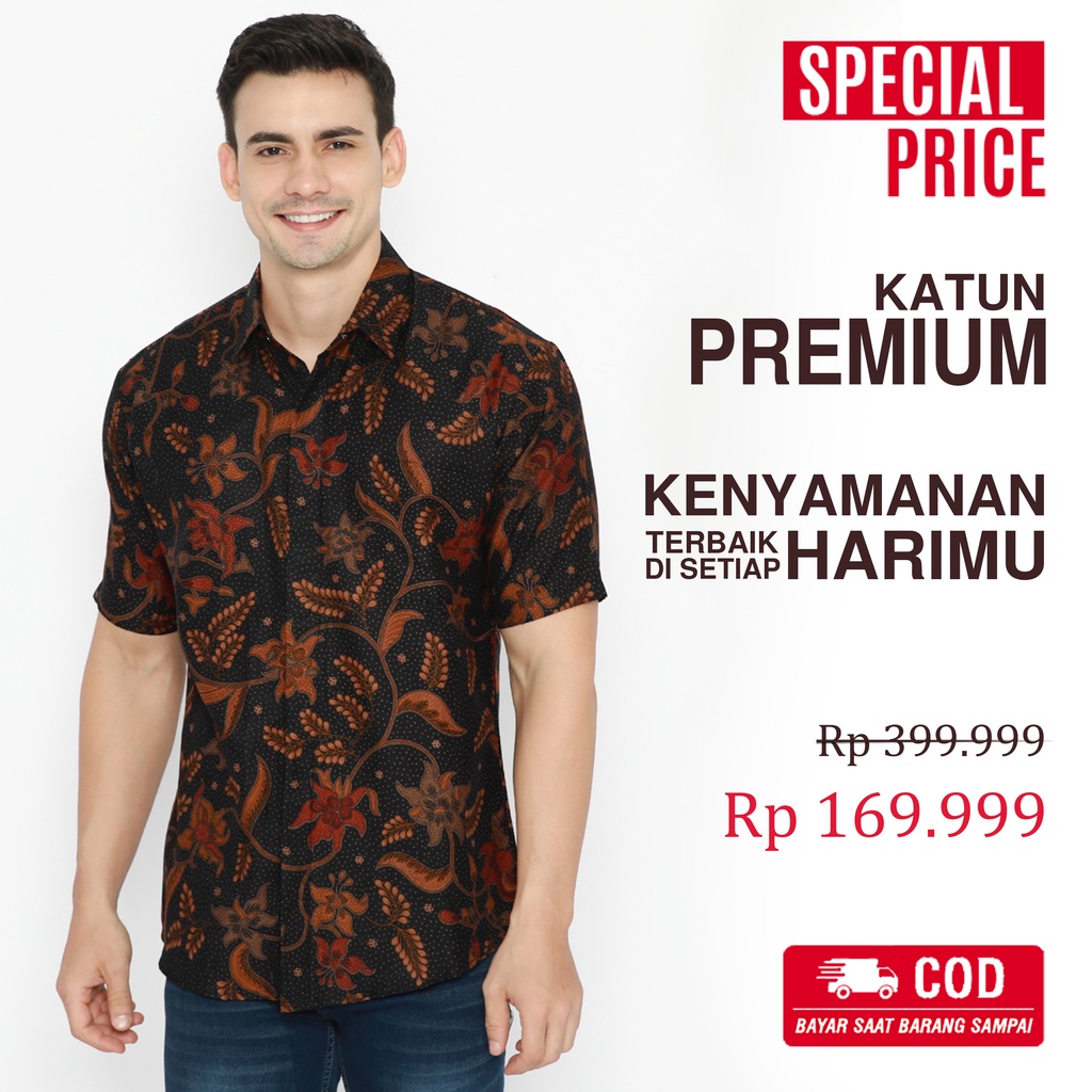 KEMEJA BATIK PRIA Lengan Pendek Motif Kembang Warna Hitam Ireng Black Orange 722613 Cap 72 - Baju Kemeja Atasan Pakaian Setelan Batik Pria Cowok Laki Laki Remaja Keluarga Kantor Lengan Pendek Modern Slimfit Slim Fit Premium Kekinian