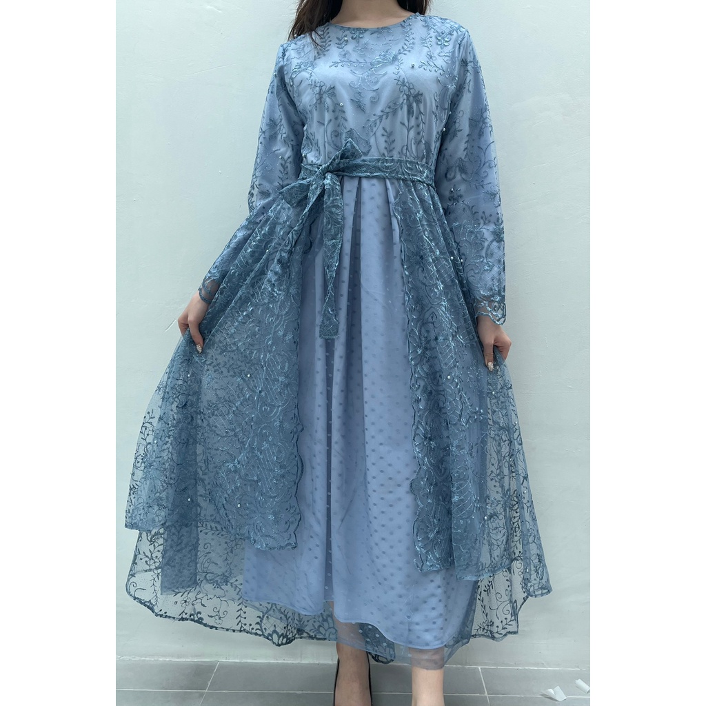 New Product Ken-231 Long Dress Wanita Untuk Kondangan Bridesmaid Pesta  Wisuda Full Tulle Bordir Kombinasi Tulle Dot Premium Free Ikat Pinggang