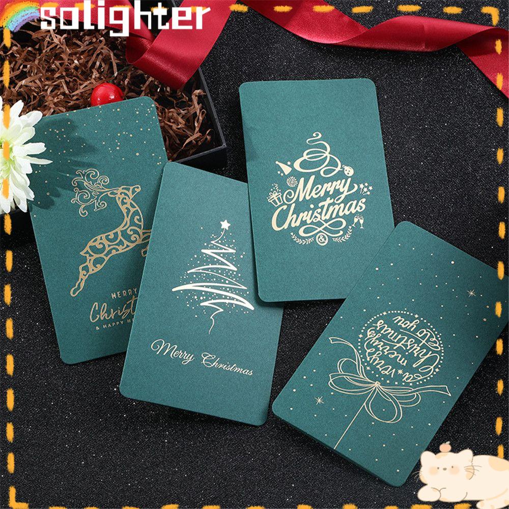 Solighter 4Pcs/Set Kartu Ucapan Natal Tahun Baru Bronzing Thanks Card Wishing Message Card