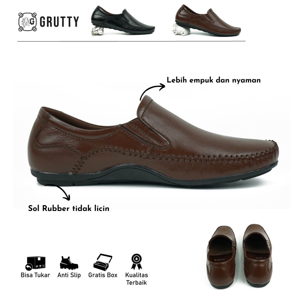 Sepatu Pria Kasual Slip On Kulit Coklat Hitam Grutty JN8810 Lentur dan tidak licin