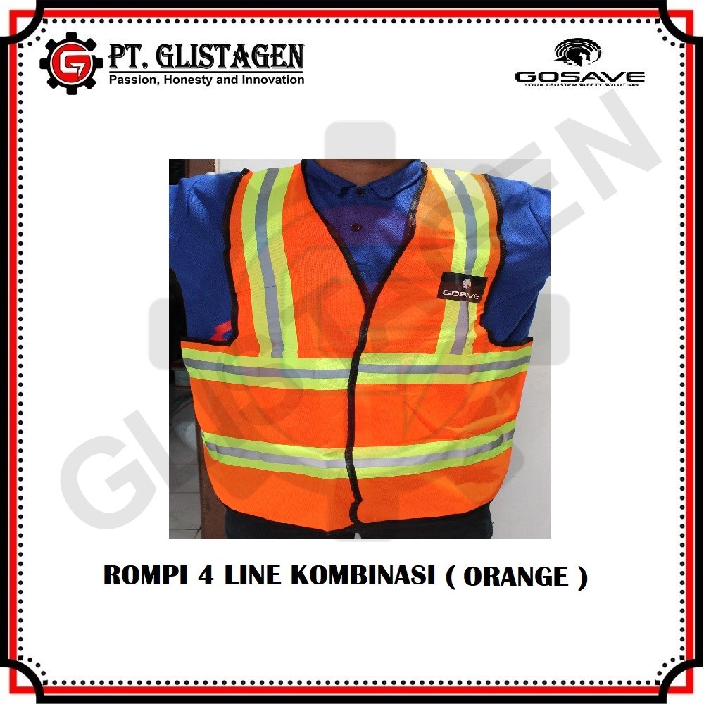 Rompi Safety Proyek Polyster 4 Line KOMBINASI Gosave HIJAU &amp; ORANGE