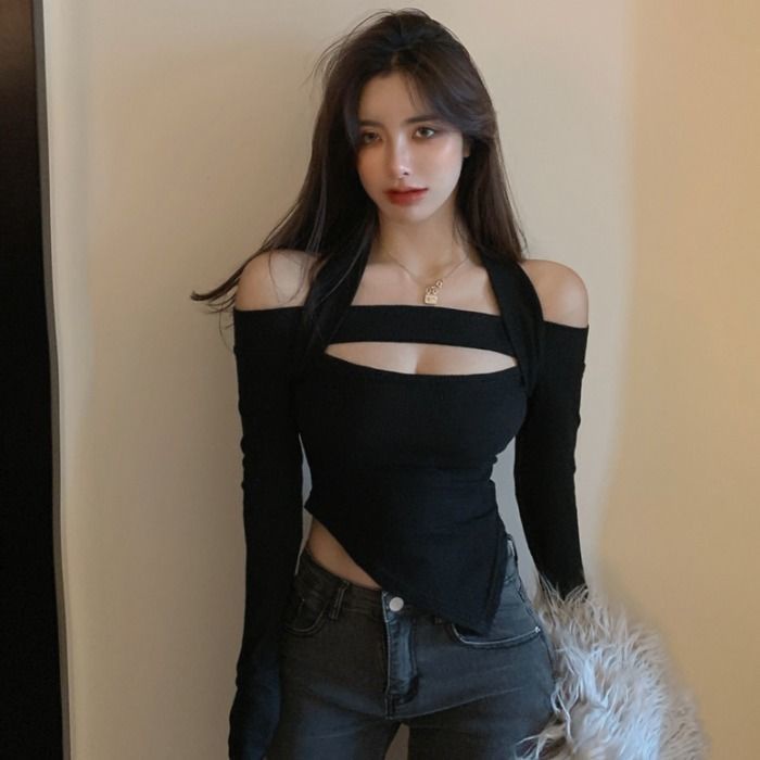 Red Hati-hati Mesin Halter Leher Kemeja Wanita Dalam Satu Bahu Lengan Panjang T-shirt Desain Rasa Tidak Teratur Pendek Tulang Selangka Atas