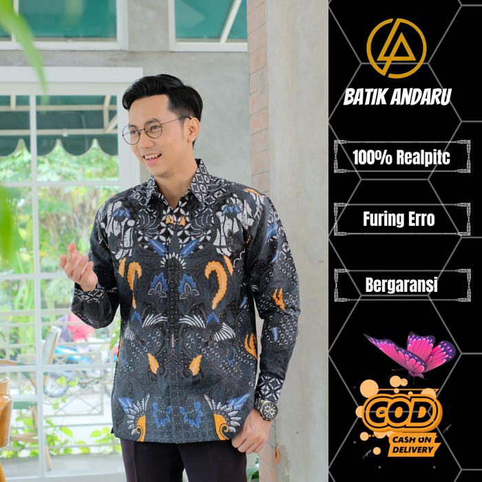 Baju Batik Pria Lengan Panjang Modern Elegant Heem Premium Warna Hitam Bahan Katun Primisima Solo Motif Bunga