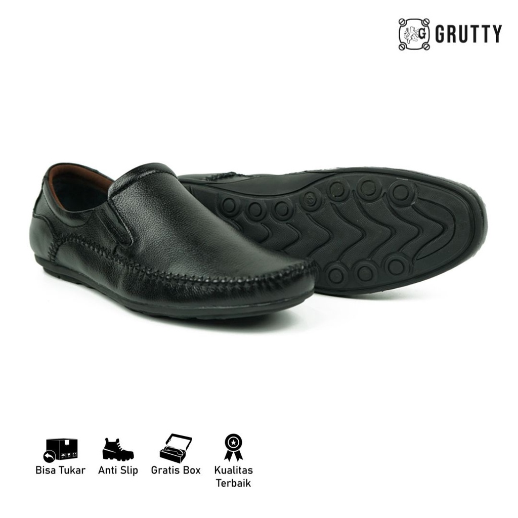 Sepatu Pria Kasual Slip On Kulit Coklat Hitam Grutty JN8810 Lentur dan tidak licin