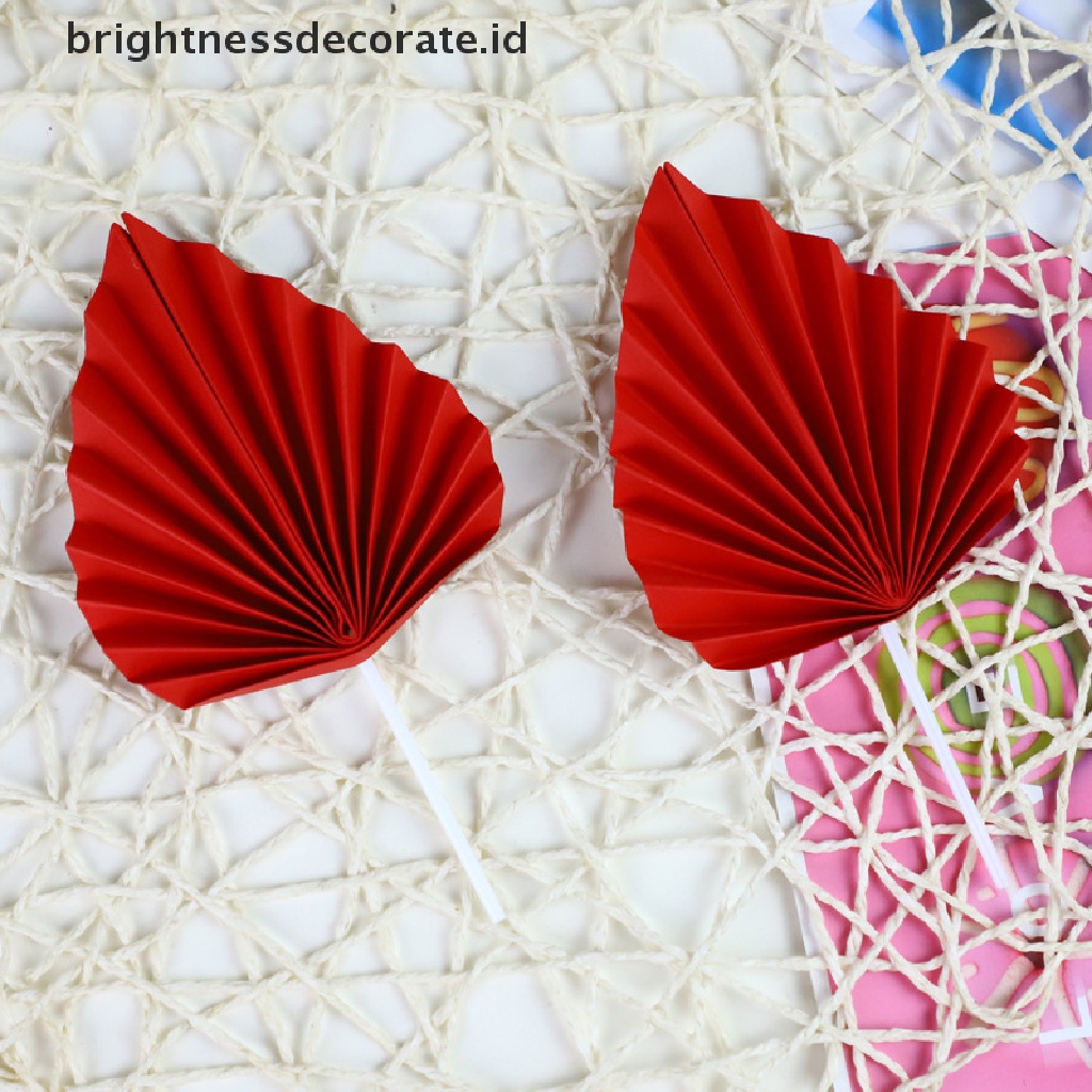 [Birth] 2pcs Paper Fan Cake Topper Gold Palm Leaf Dekorasi Pesta Ulang Tahun Kue Insert [ID]