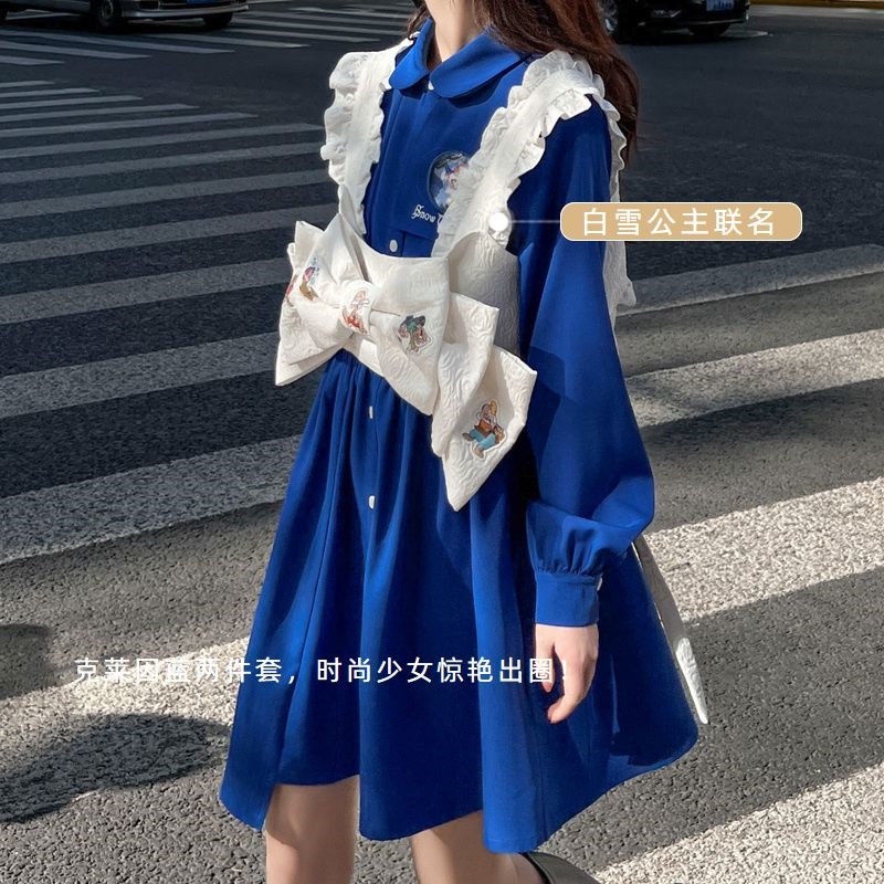 Red Klein blue spring new small fresh dress female + Japanese style cartoon printed bow vest