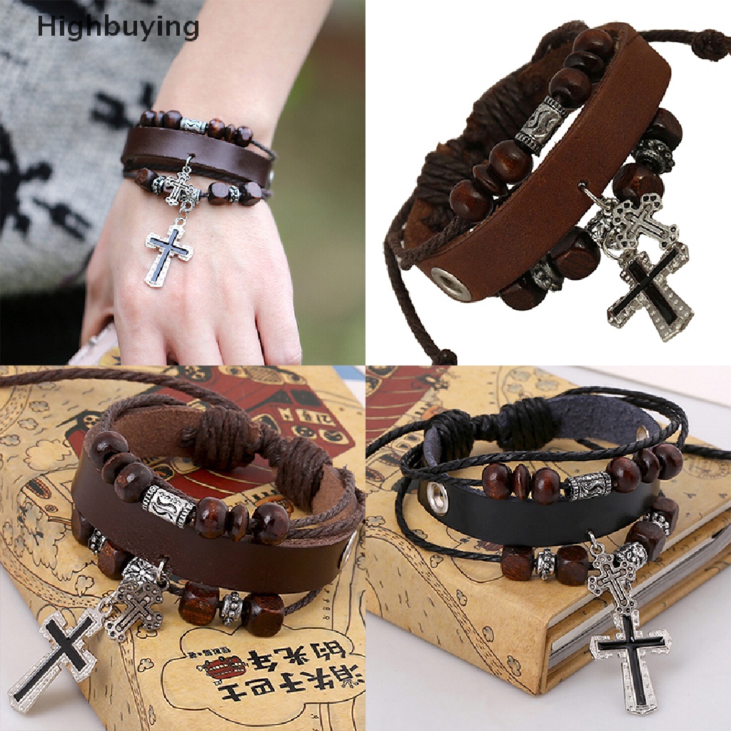 Hbid Hot Stylish Faux Leather Punk Gelang Bangle Salib Liontin Bungkus Gelang Glory