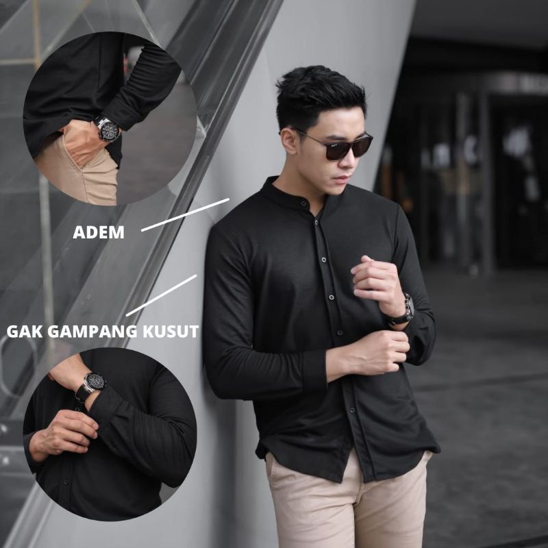 Hem polos pria slimfit Lengan panjang | kemeja polos panjang kantor | kemeja koko polos panjang | kemeja cowok lengan pnjang laqos pique kerah koko