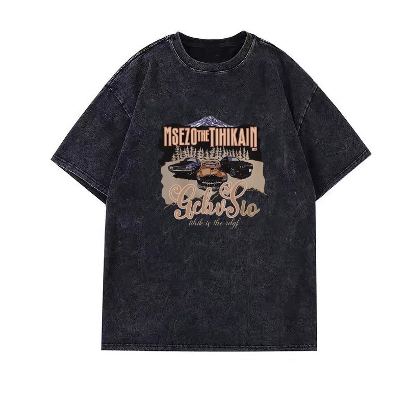 Vintage T-shirt Oversize Hitam Washed Lengan Pendek Car Printing Print T-shirt Hiphop Kaos Hitam