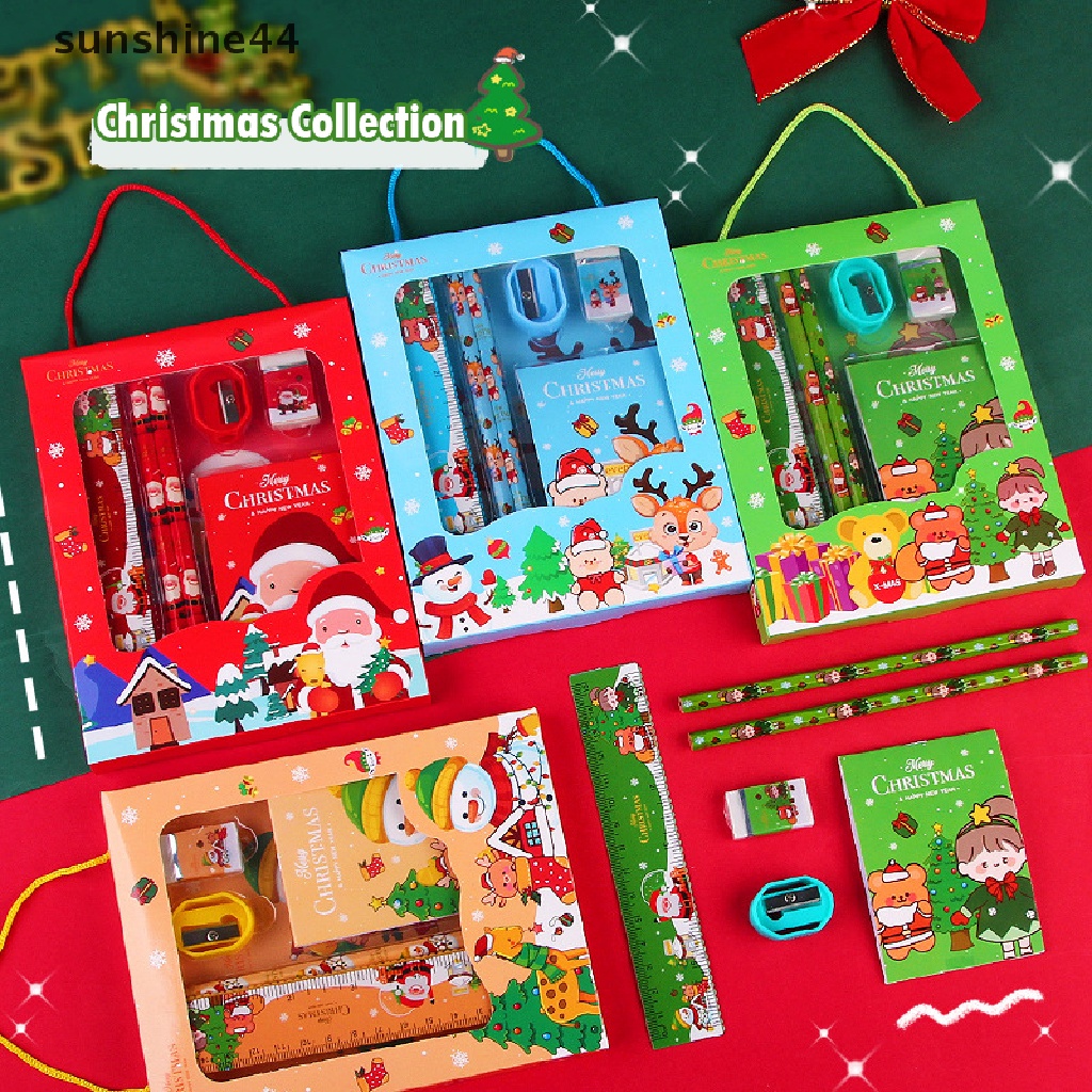 Sunshine 6PCS/Set Christmas Series Kids Stationery Festival Pensil Dengan Penggaris Karet Dan Pengasah Pensil Hadiah Natal Alat Tulis Belajar Perlengkapan Sekolah.