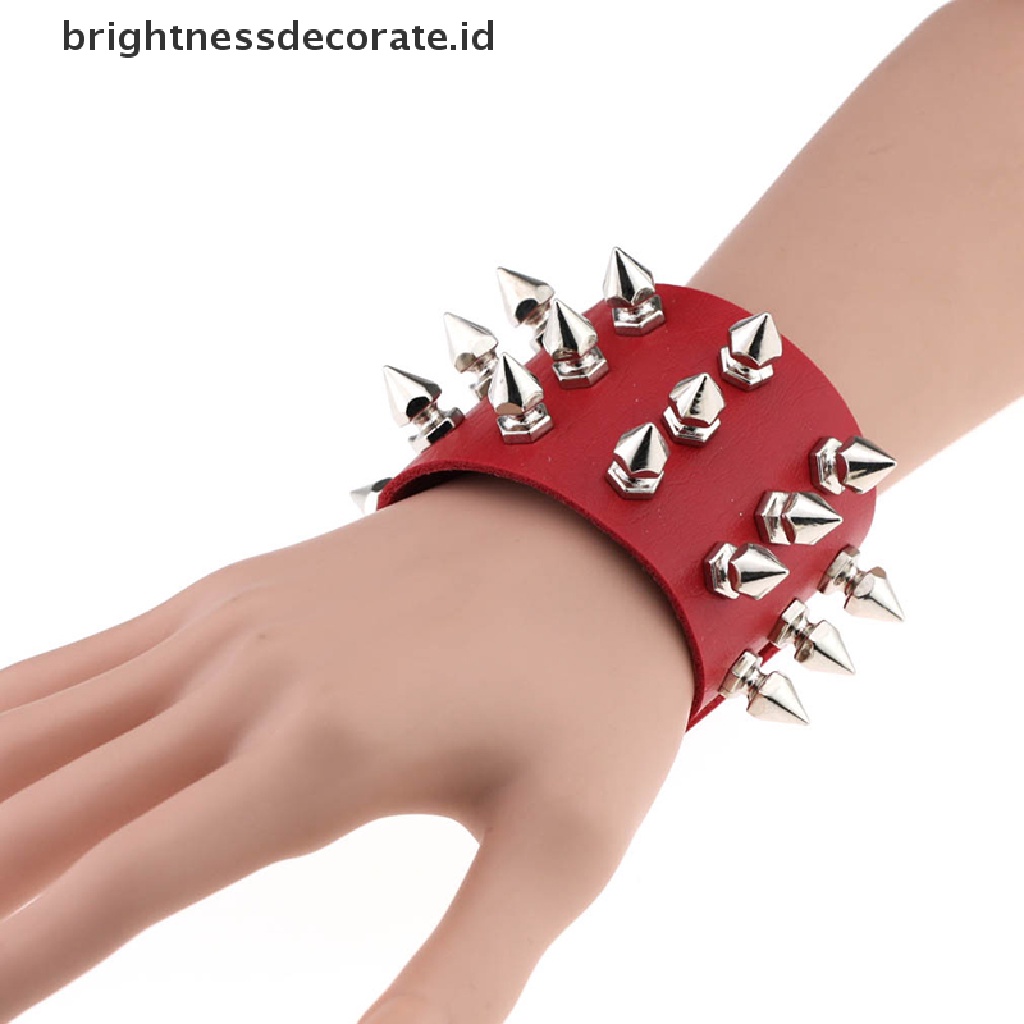 [Birth] Tiga Baris Rivet Stud Manset Lebar Kulit PU Punk Gothic Rock Gelang Hadiah [ID]