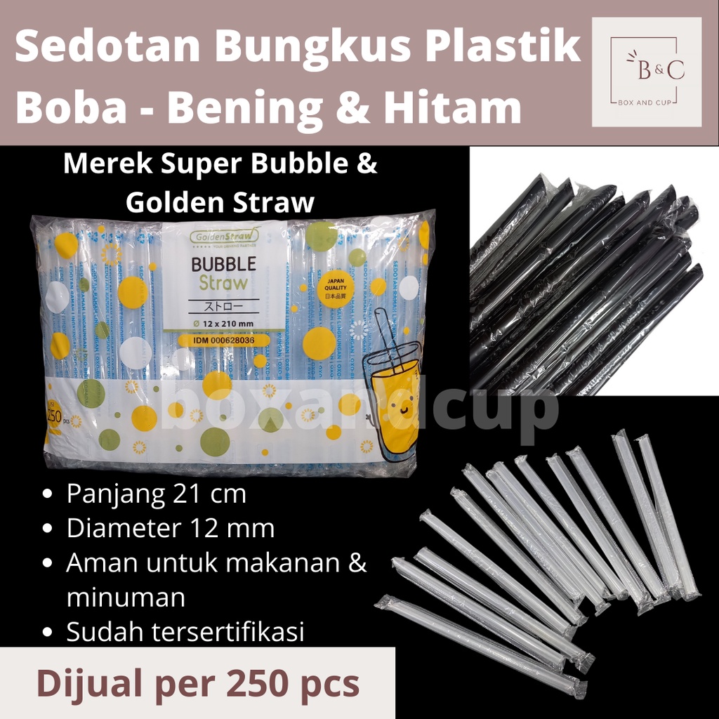 Sedotan /Pipet /Straw Bubble /Boba Plastik Steril Lancip Bungkus Plastik Bening & Hitam