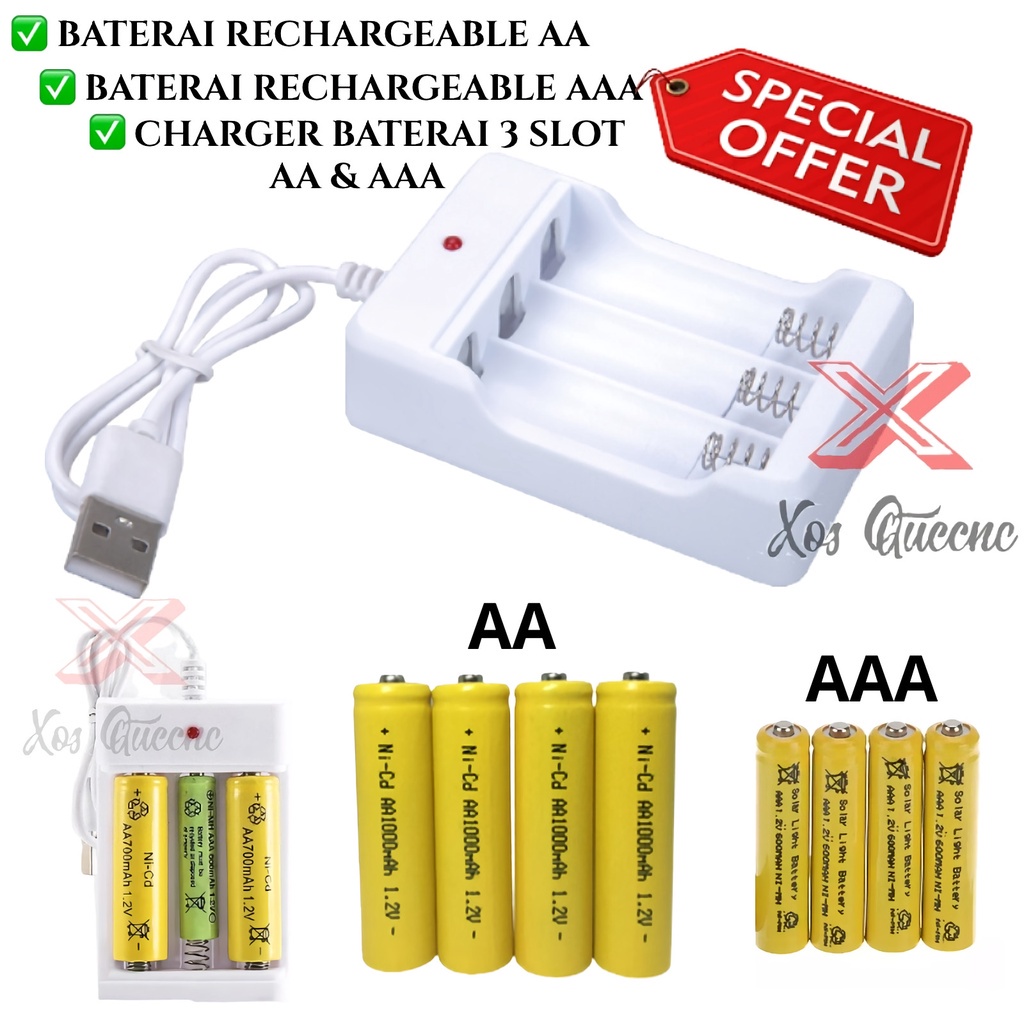 XOQ - Battery Baterai Batrei Rechargeable AA 1000mAh AAA 600mAh / Desktop Battery Charger 3 Slot / Cas Baterai 3 Slot / Baterai Cas Ni Cd