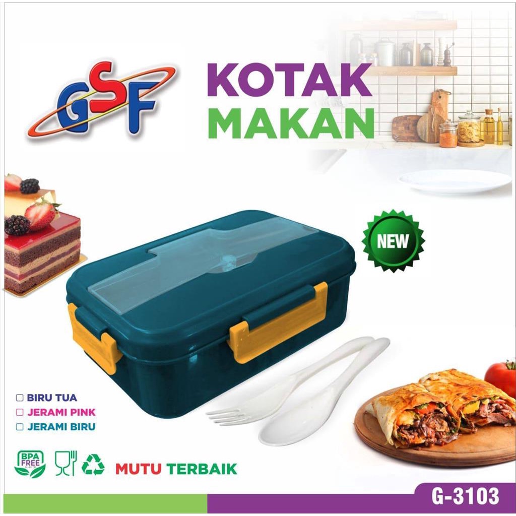 MJS 967 - Lunch Box 3 Grid 1000ml Gratis Sendok Garpu Kotak Makan Kotak Bekal Anak Sekolah Kantor Tepak Bento GSF-3103