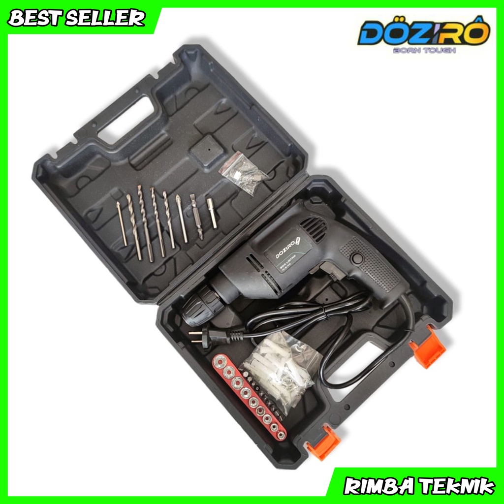 DOZIRO LITE Mesin Bor Kayu 10 mm Elektrik Drill Full Set Koper Free Aksesoris Sekrup Mata Bor Variabl Speed