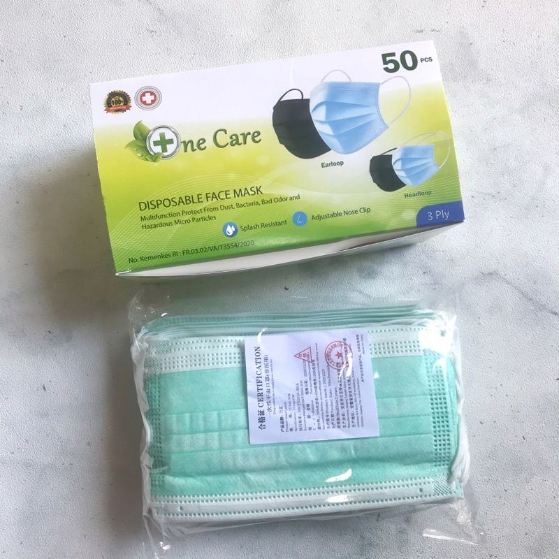 Masker Earloop 3ply 1box Isi 50pcs - One Care Hijau