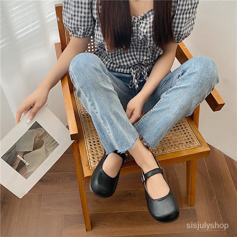 #Sisjuly# Sepatu kulit kecil hitam wanita hitam sepatu retro Prancis baru sepatu gaya perguruan ting