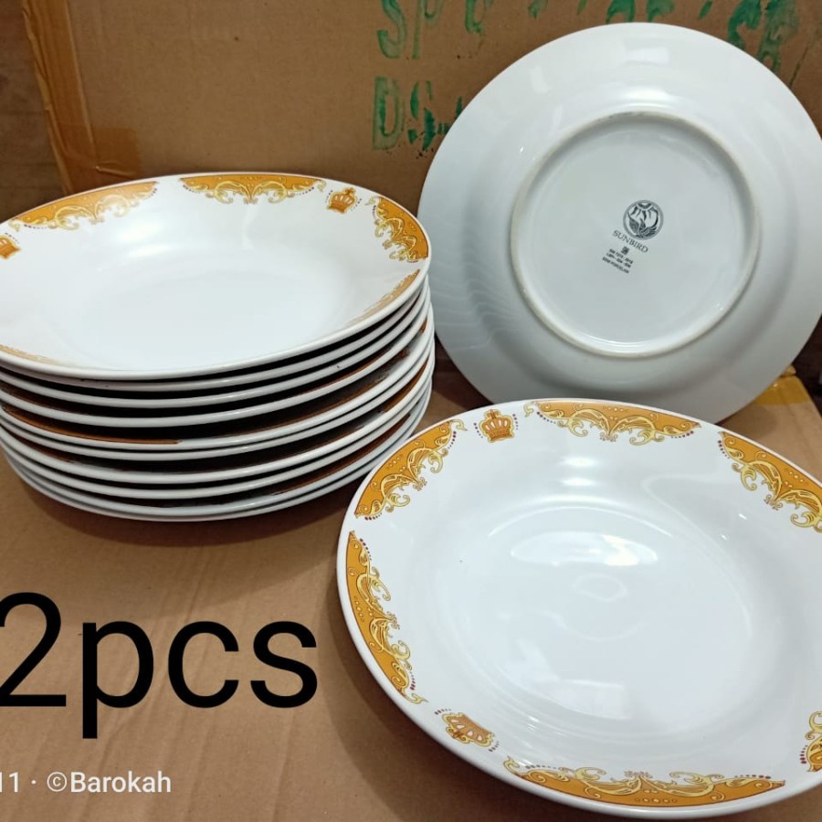 12Pcs Piring Makan Besar Motif Mahkota 20,5cm/ 9 inch - 1 Lusin Piring Makan Keramik
