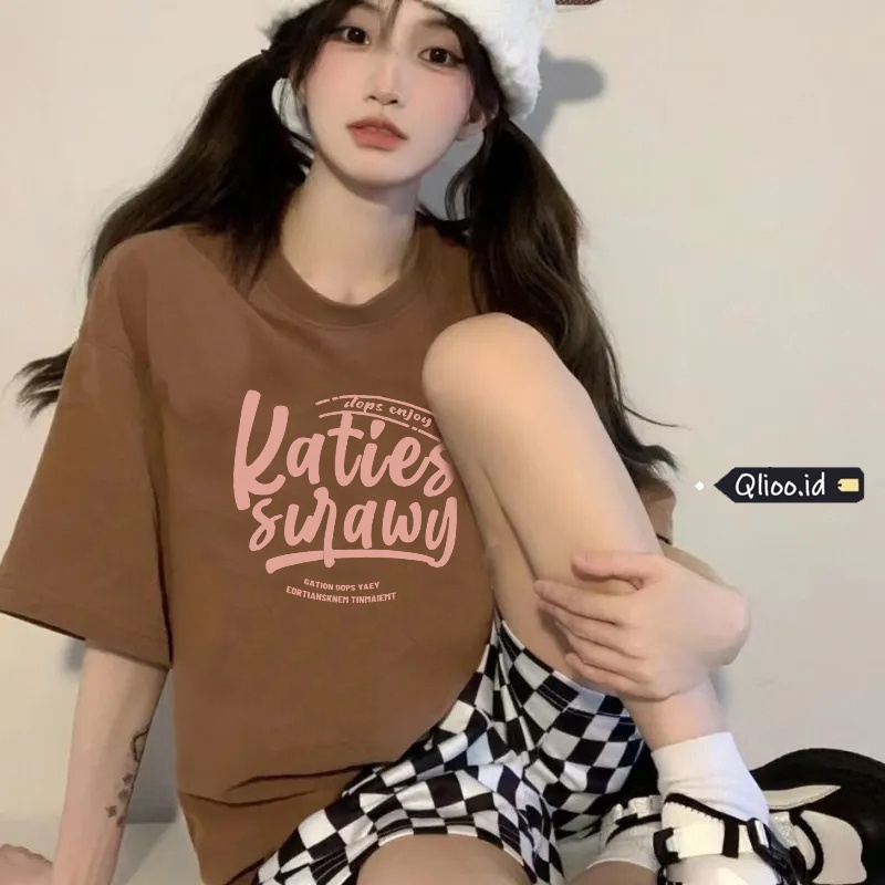 Brown Print T-shirt Kaos Lengan Pendek Pink English Oversize Korean Style